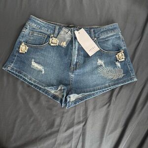 AKIRA Blue Distressed Denim Shorts with Rhinestone Accent